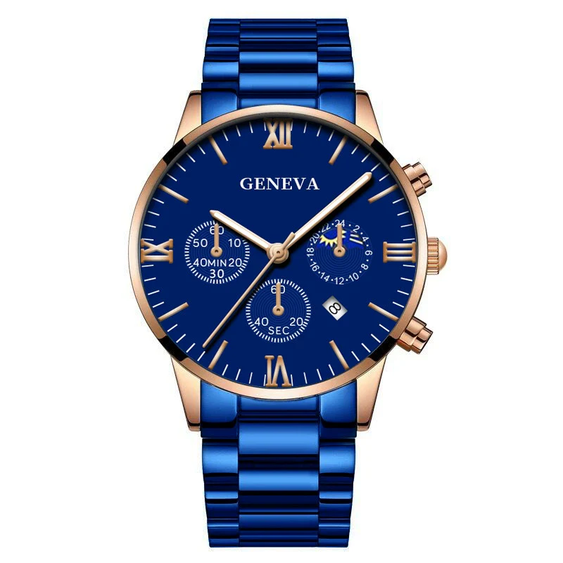 Business Men's Alloy Case Stainless Steel Band Round Dial Quartz Watch With Three Eye Calendar And Roman Scale - Image 15