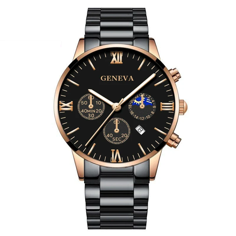 Business Men's Alloy Case Stainless Steel Band Round Dial Quartz Watch With Three Eye Calendar And Roman Scale - Image 16