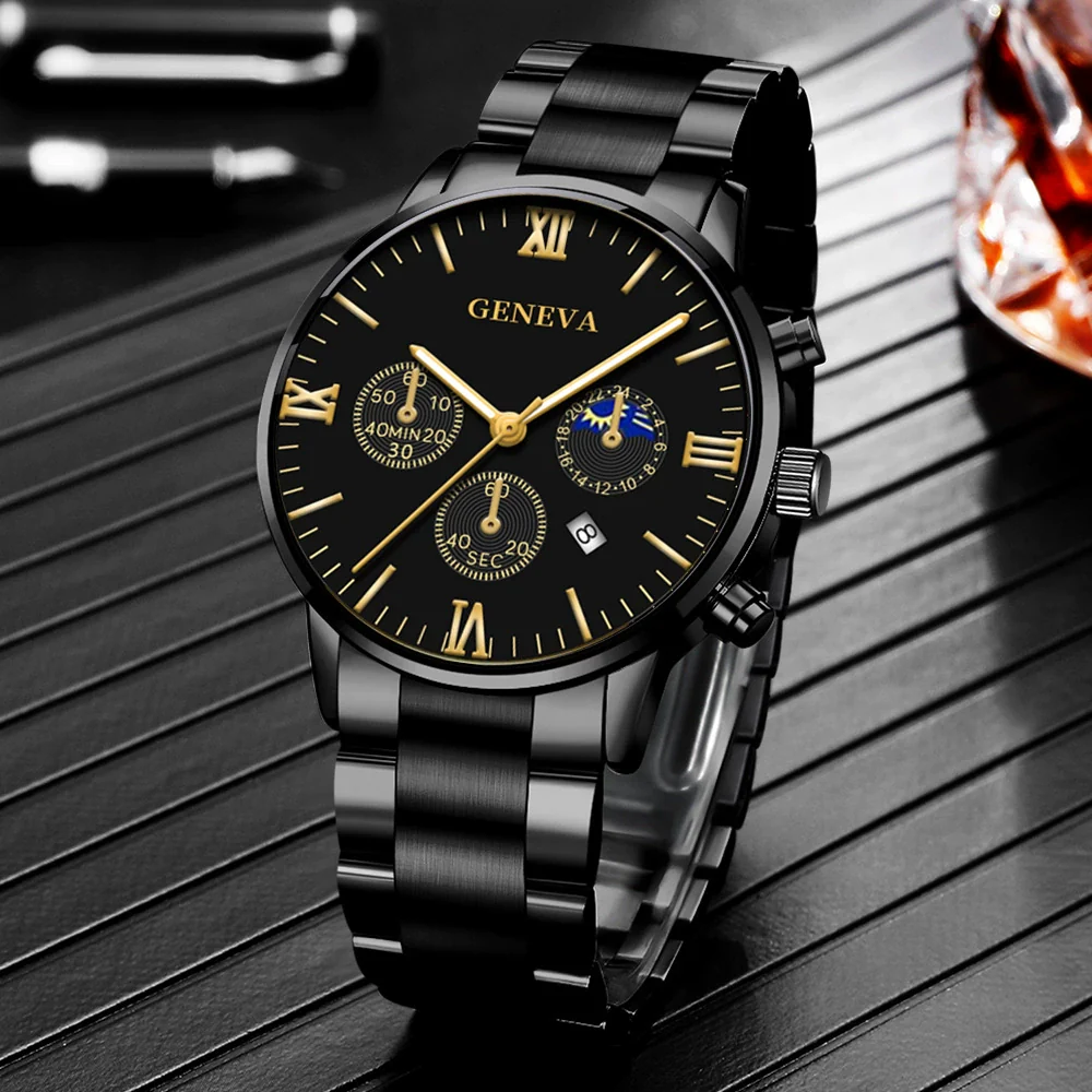 Business Men's Alloy Case Stainless Steel Band Round Dial Quartz Watch With Three Eye Calendar And Roman Scale - Image 2