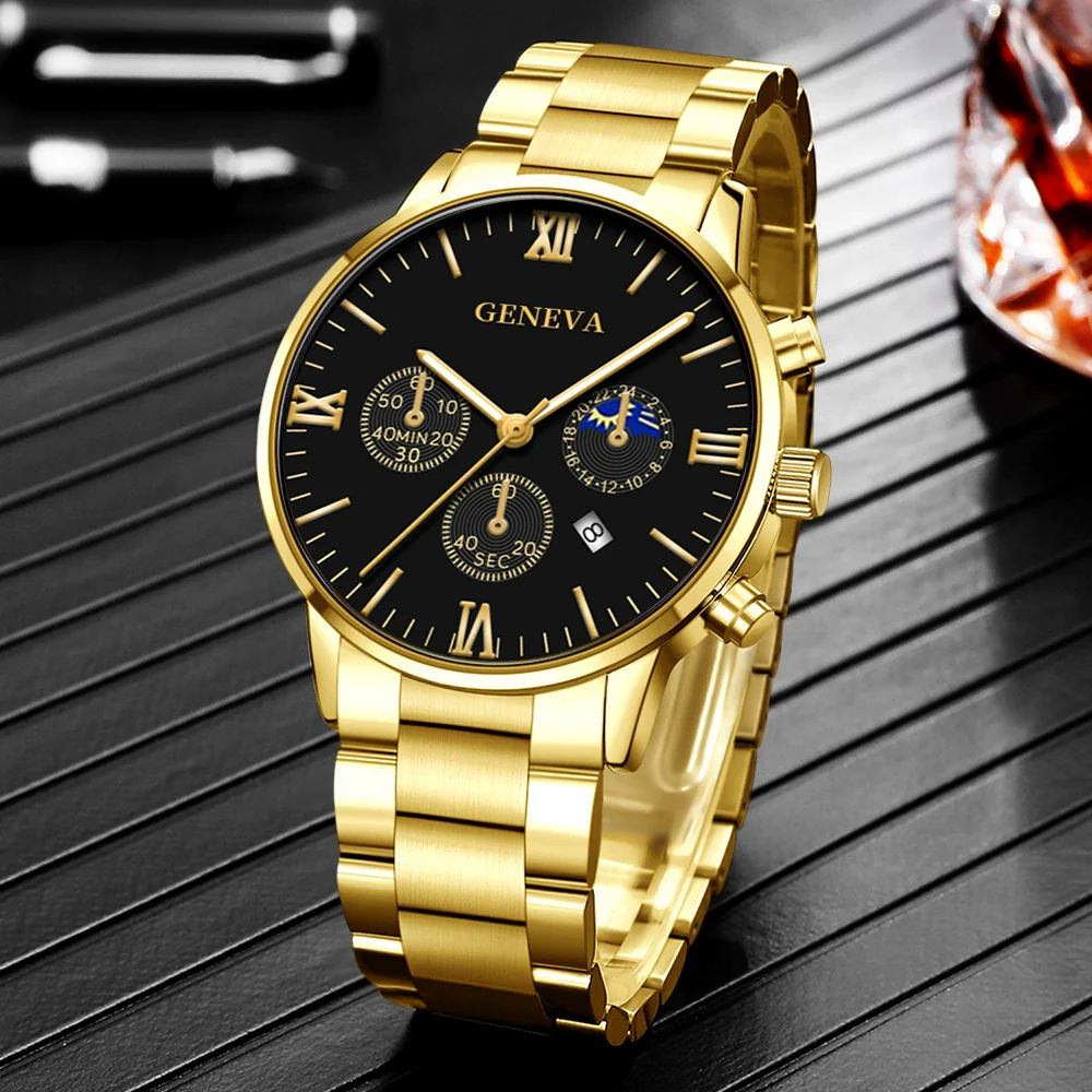 Business Men's Alloy Case Stainless Steel Band Round Dial Quartz Watch With Three Eye Calendar And Roman Scale - Image 4