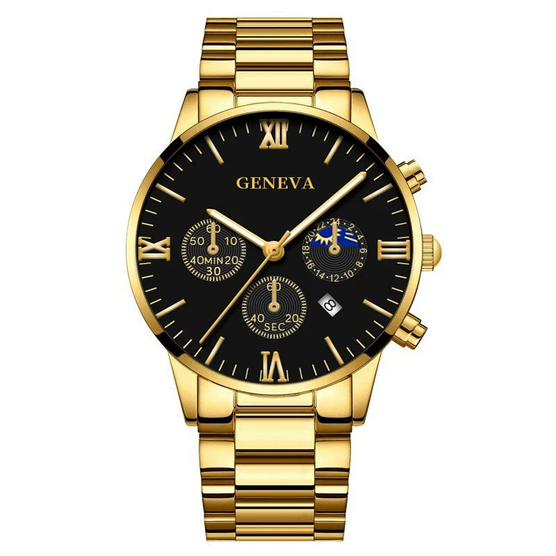 Business Men's Alloy Case Stainless Steel Band Round Dial Quartz Watch With Three Eye Calendar And Roman Scale - Image 5