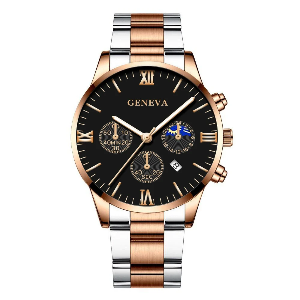 Business Men's Alloy Case Stainless Steel Band Round Dial Quartz Watch With Three Eye Calendar And Roman Scale - Image 6