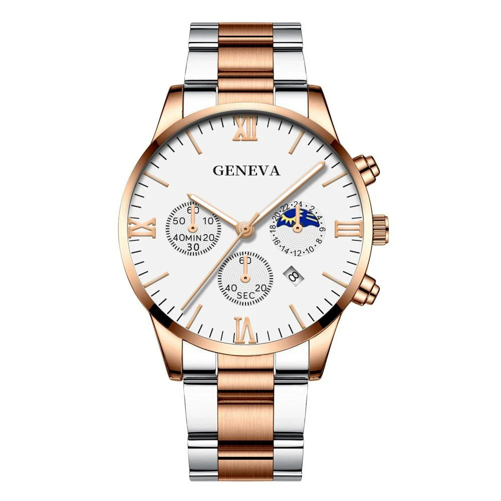 Business Men's Alloy Case Stainless Steel Band Round Dial Quartz Watch With Three Eye Calendar And Roman Scale - Image 7