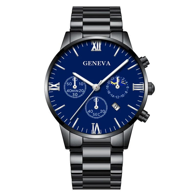 Business Men's Alloy Case Stainless Steel Band Round Dial Quartz Watch With Three Eye Calendar And Roman Scale - Image 8