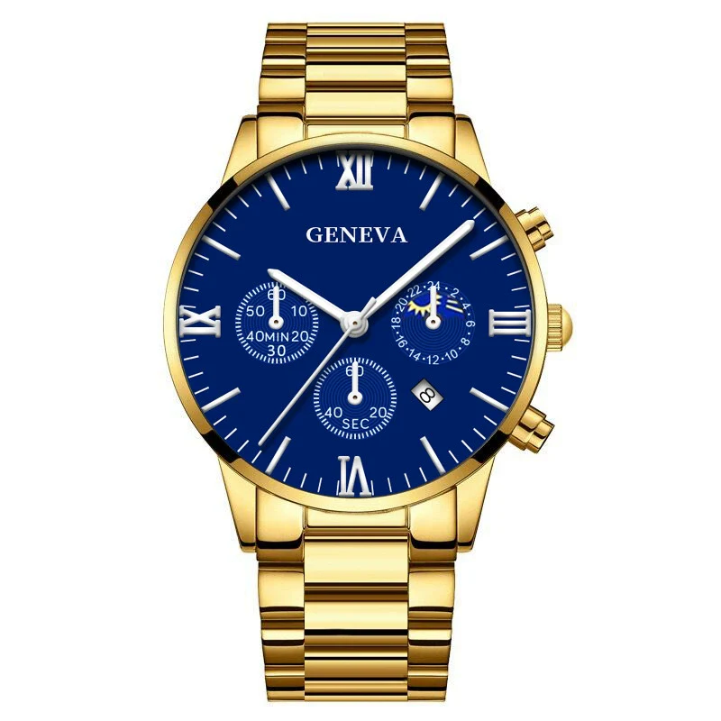 Business Men's Alloy Case Stainless Steel Band Round Dial Quartz Watch With Three Eye Calendar And Roman Scale - Image 9