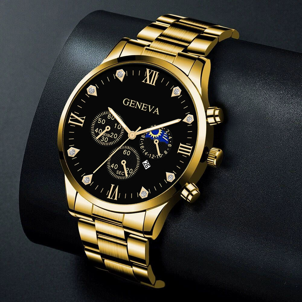 Business Men's Alloy Case Stainless Steel Band Round Dial Quartz Watch With Threeeye Calendar And Roman Scale - Image 3