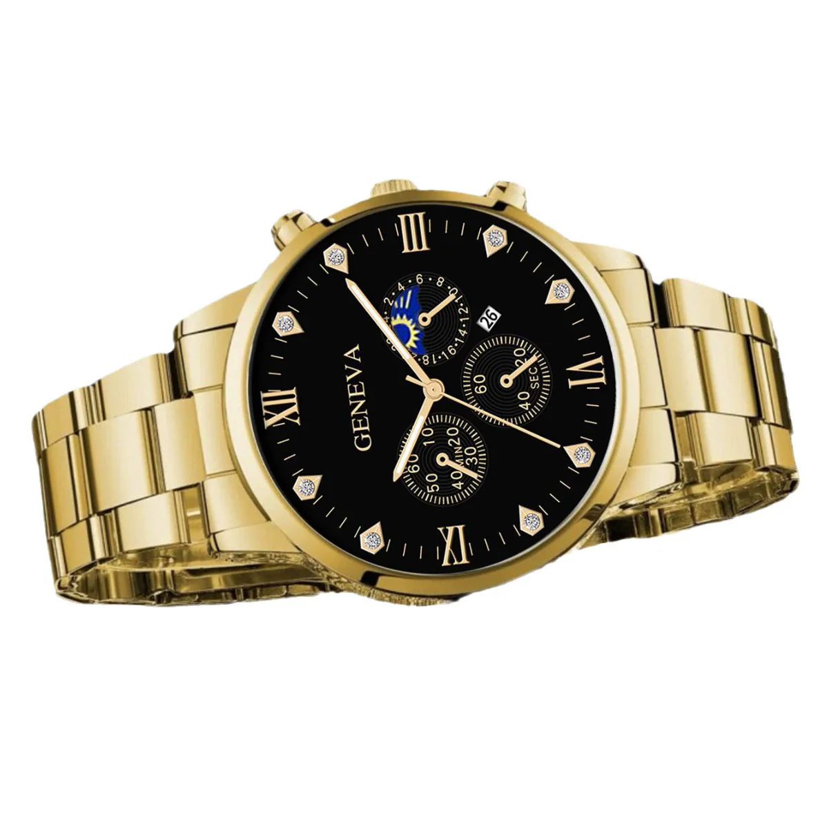 Business Men's Alloy Case Stainless Steel Band Round Dial Quartz Watch With Threeeye Calendar And Roman Scale - Image 5