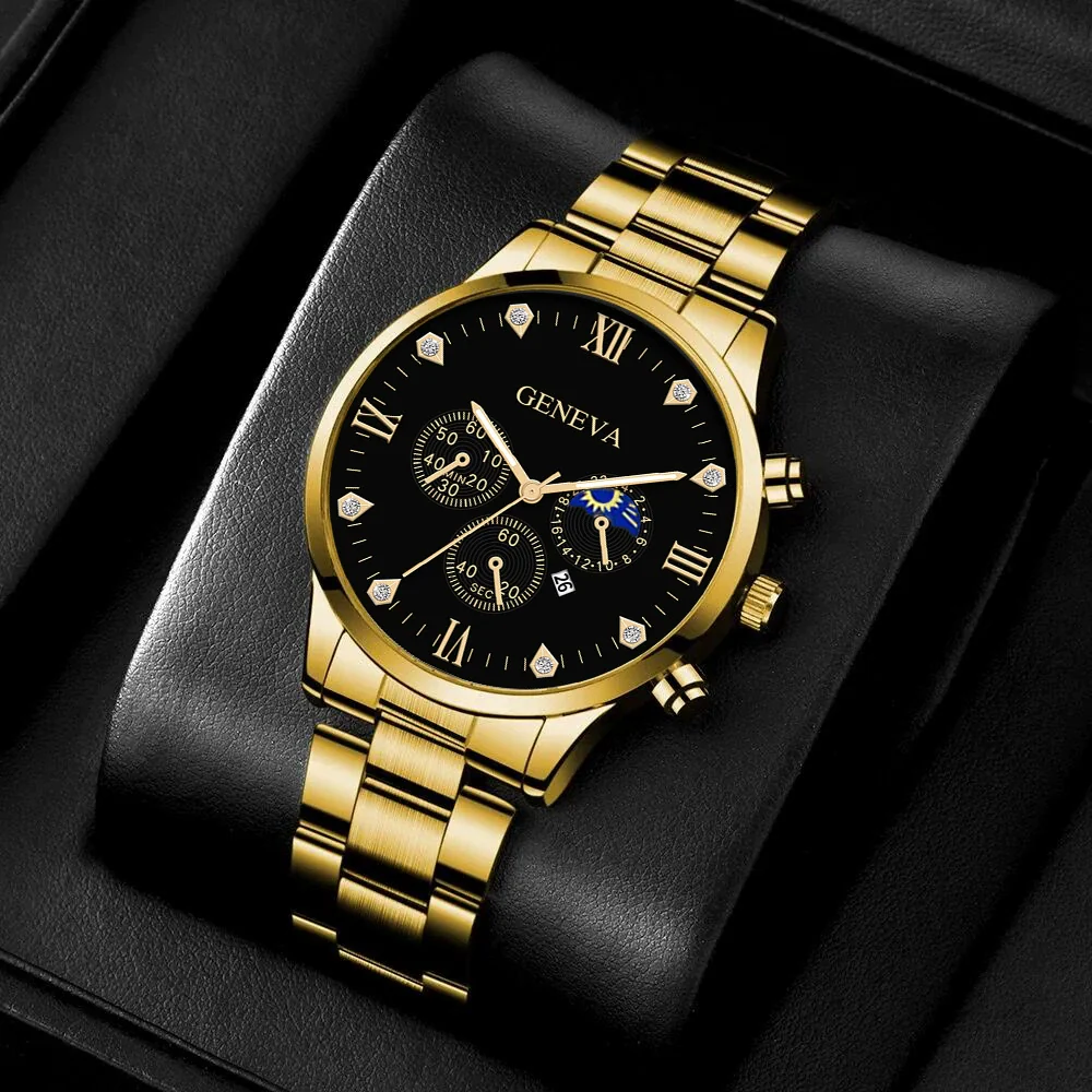 Business Men's Alloy Case Stainless Steel Band Round Dial Watch Jewelry Set - Image 5