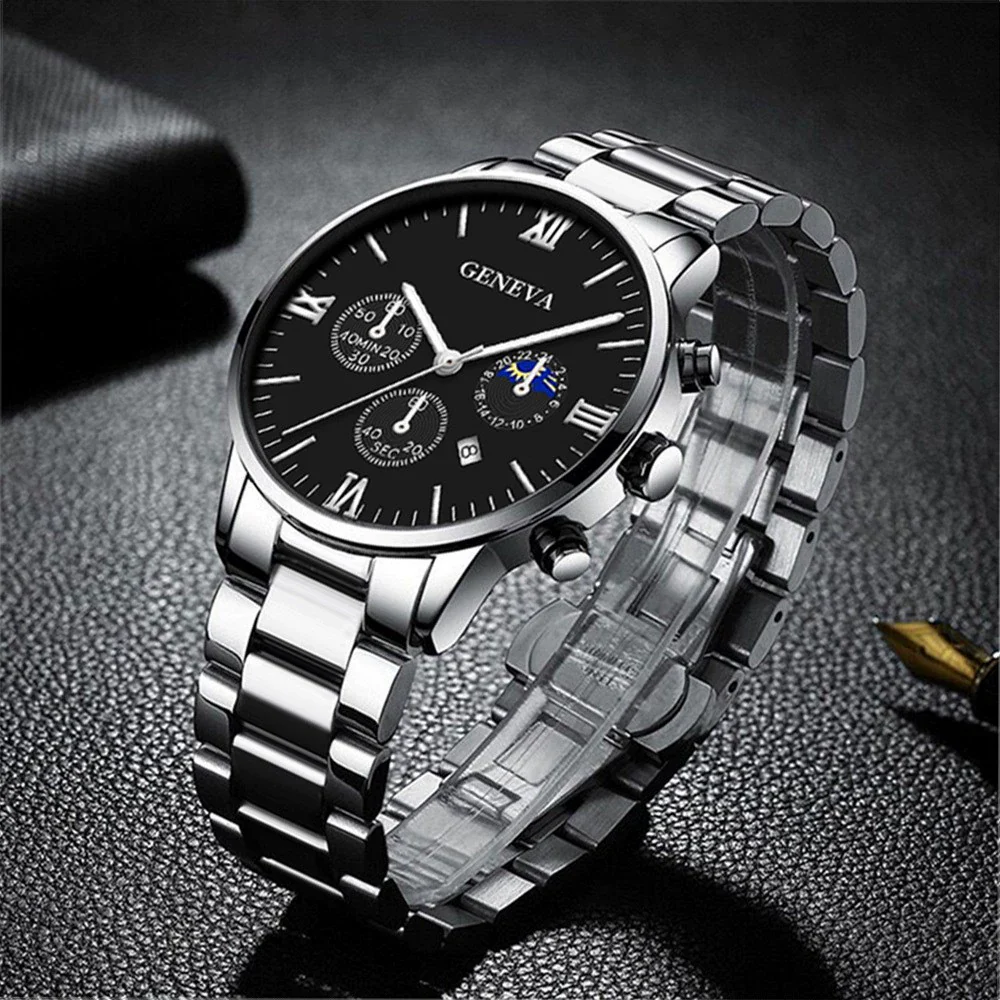 Business Men's Watch Alloy Round Dial With Fake Three Eye Calendar Roman Scale - Image 3