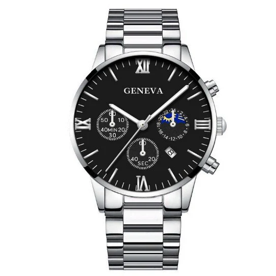 Business Men's Watch Alloy Round Dial With Fake Three Eye Calendar Roman Scale - Image 4
