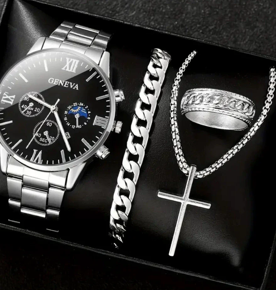 Business Men's Watch Alloy Round Dial With Fake Three Eye Calendar Roman Scale - Image 5