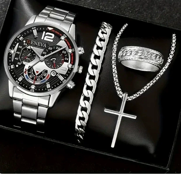 Business Men's Watch Alloy Round Dial With Fake Three Eye Calendar Roman Scale - Image 9
