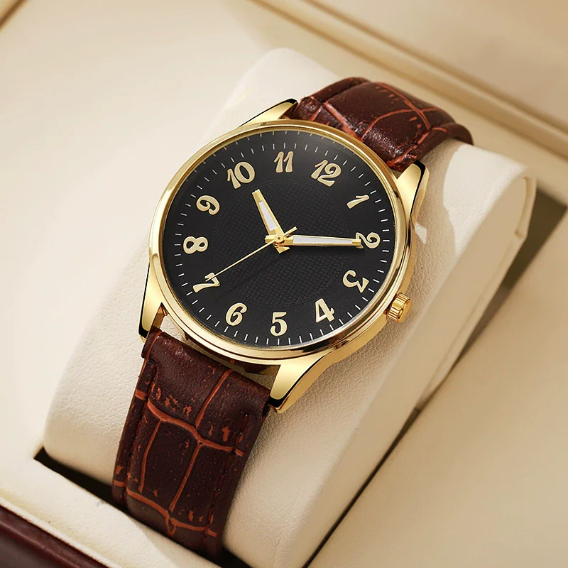 Business Style Alloy And Imitation Leather Quartz Watch With Round Dial And Stainless Steel Buckle
