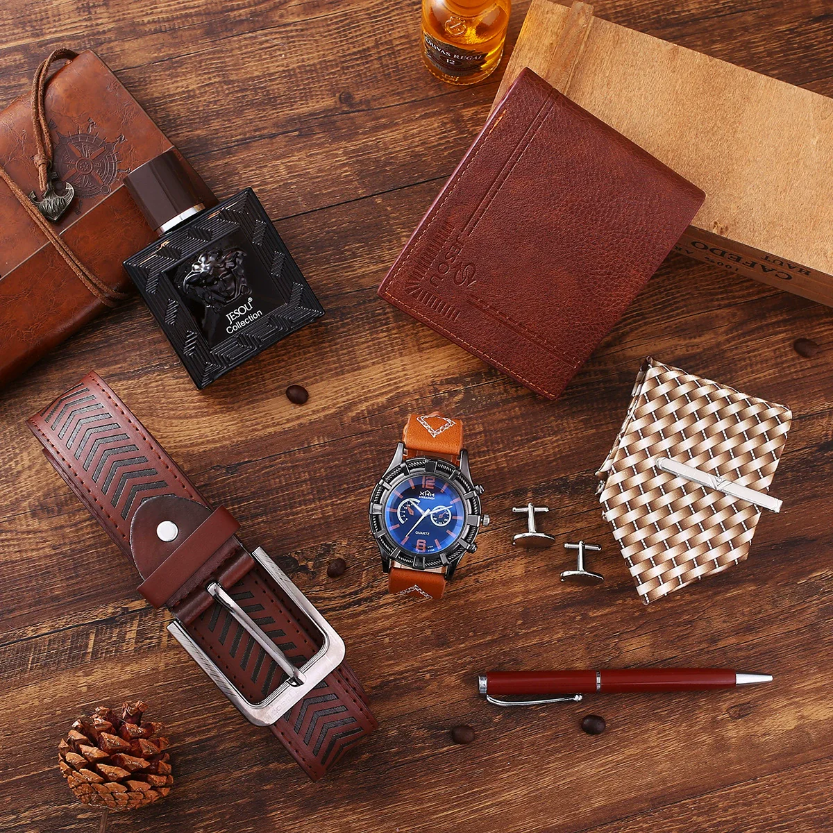 Business Style Alloy Case Stainless Steel Clasp Imitation Leather Strap Round Dial Male Gift Set With Belt Purse Tie Perfume Cufflinks Quartz Watch Pen