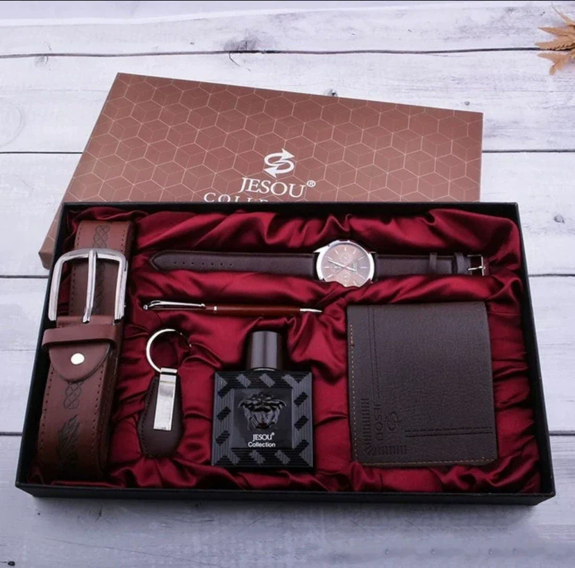Business Style Alloy Case Stainless Steel Clasp Imitation Leather Strap Round Dial Male Gift Set With Belt Purse Tie Perfume Cufflinks Quartz Watch Pen - Image 10