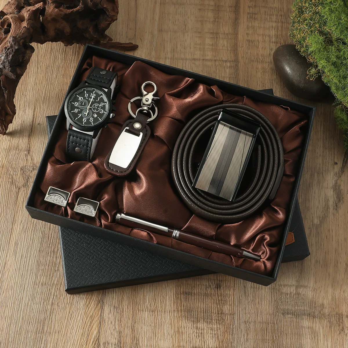 Business Style Alloy Case Stainless Steel Clasp Imitation Leather Strap Round Dial Male Gift Set With Belt Purse Tie Perfume Cufflinks Quartz Watch Pen - Image 12