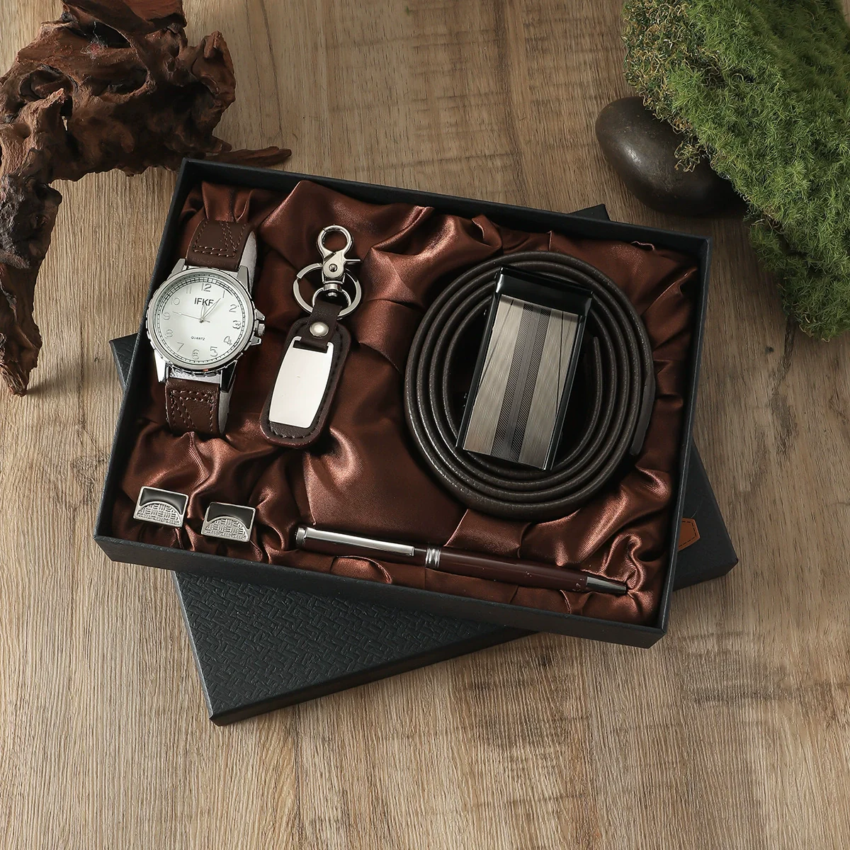 Business Style Alloy Case Stainless Steel Clasp Imitation Leather Strap Round Dial Male Gift Set With Belt Purse Tie Perfume Cufflinks Quartz Watch Pen - Image 13