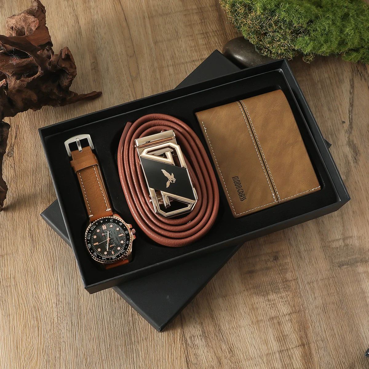 Business Style Alloy Case Stainless Steel Clasp Imitation Leather Strap Round Dial Male Gift Set With Belt Purse Tie Perfume Cufflinks Quartz Watch Pen - Image 15