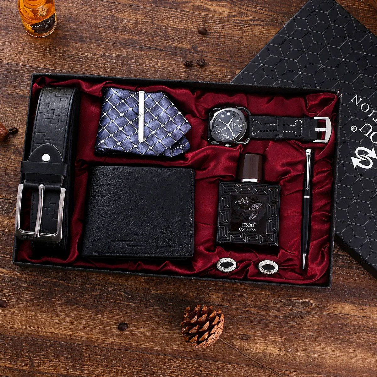 Business Style Alloy Case Stainless Steel Clasp Imitation Leather Strap Round Dial Male Gift Set With Belt Purse Tie Perfume Cufflinks Quartz Watch Pen - Image 3