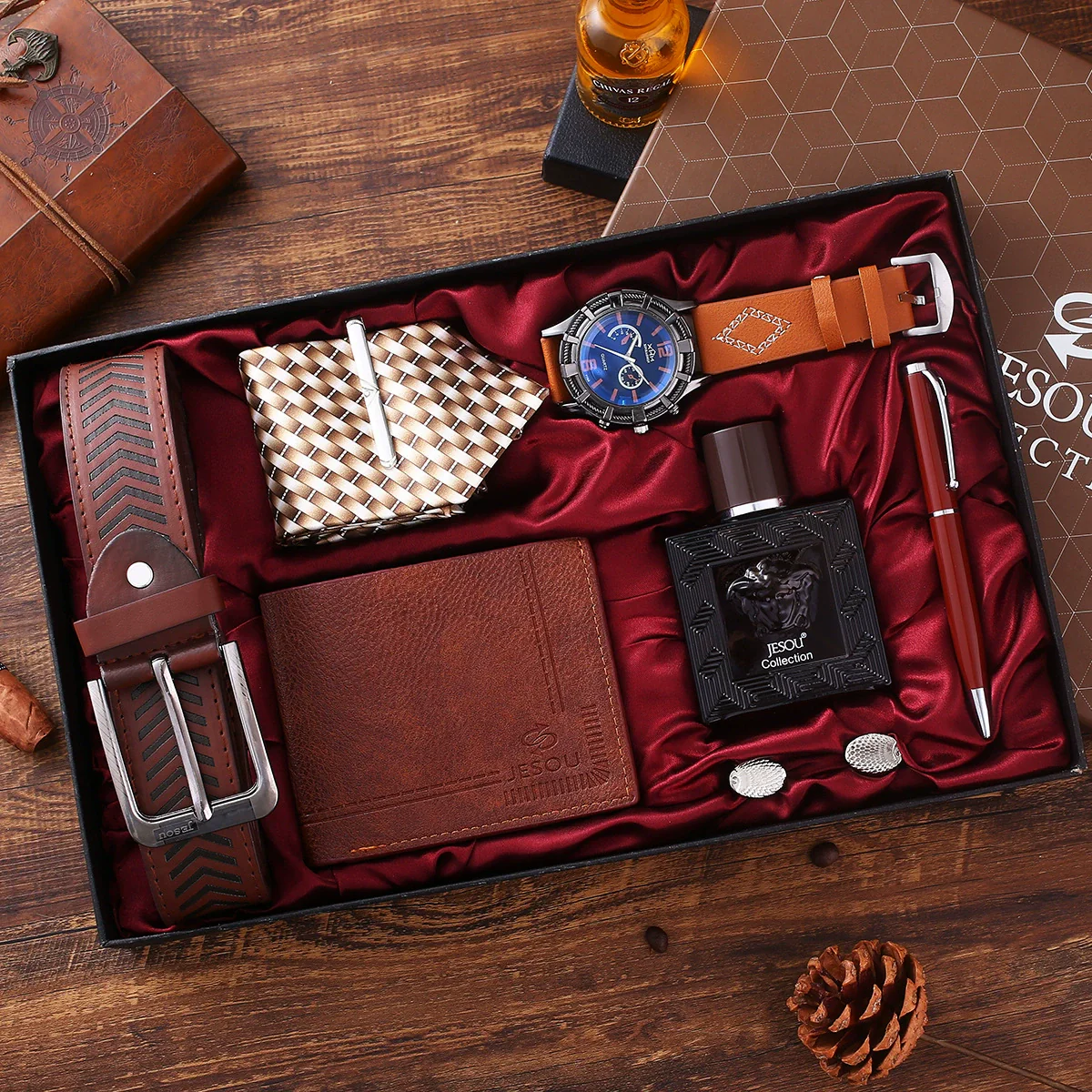 Business Style Alloy Case Stainless Steel Clasp Imitation Leather Strap Round Dial Male Gift Set With Belt Purse Tie Perfume Cufflinks Quartz Watch Pen - Image 5