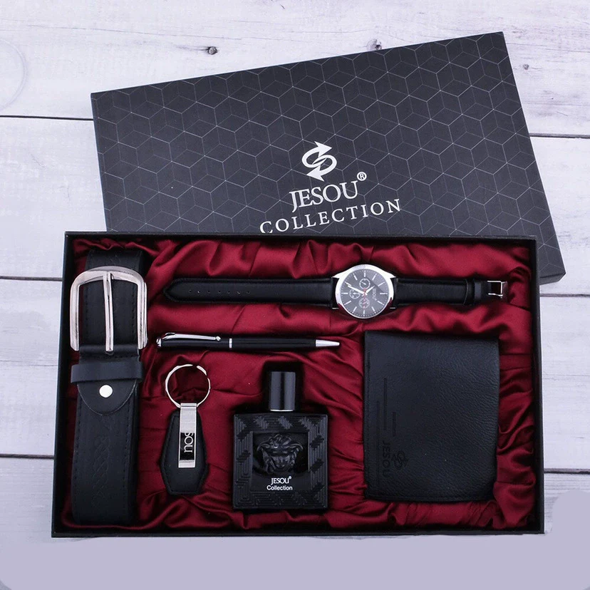 Business Style Alloy Case Stainless Steel Clasp Imitation Leather Strap Round Dial Male Gift Set With Belt Purse Tie Perfume Cufflinks Quartz Watch Pen - Image 6