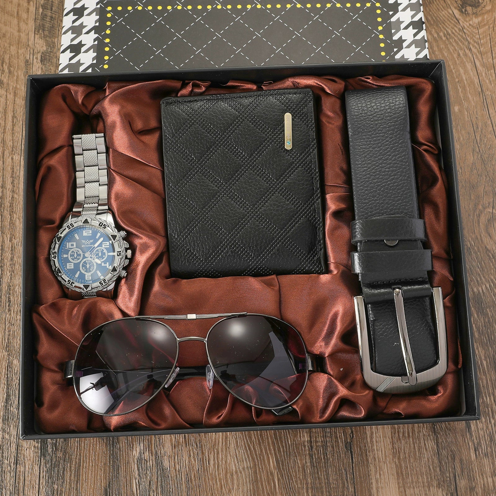 Business Style Alloy Case Stainless Steel Clasp Imitation Leather Strap Round Dial Male Gift Set With Belt Purse Tie Perfume Cufflinks Quartz Watch Pen - Image 8