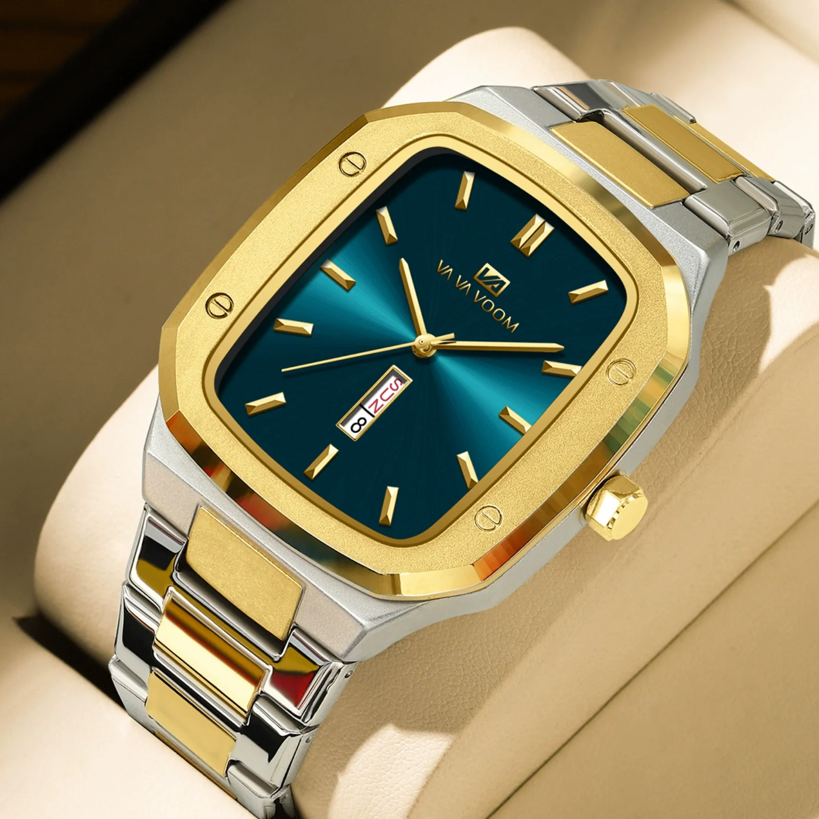 Business Style Rectangular Dial Stainless Steel Men's Watch With Double Calendar And Waterproof Feature