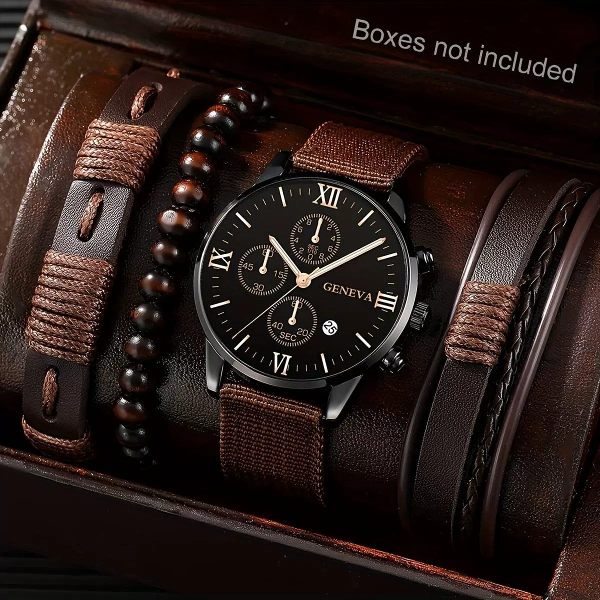 Canvas Alloy Watch Bracelet Set Round Dial Men's Quartz Watch