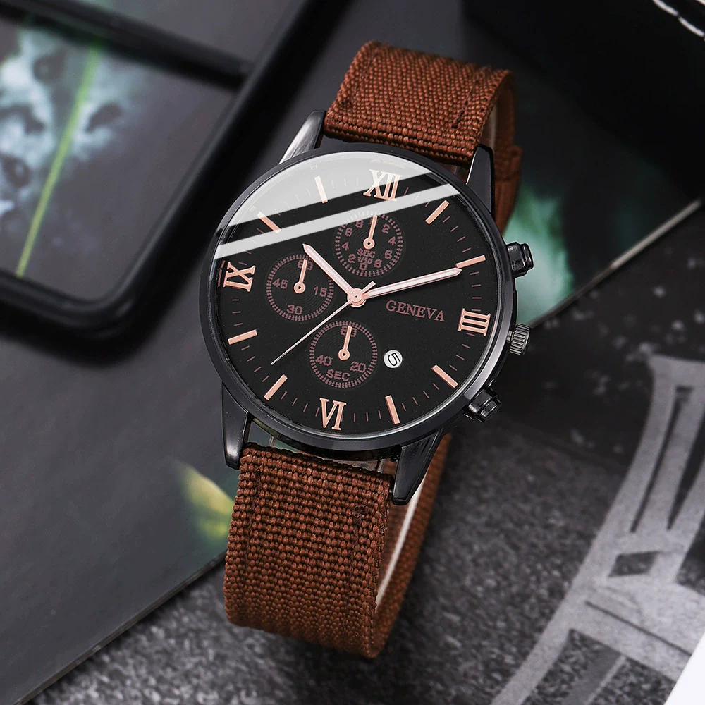 Canvas Alloy Watch Bracelet Set Round Dial Men's Quartz Watch - Image 6