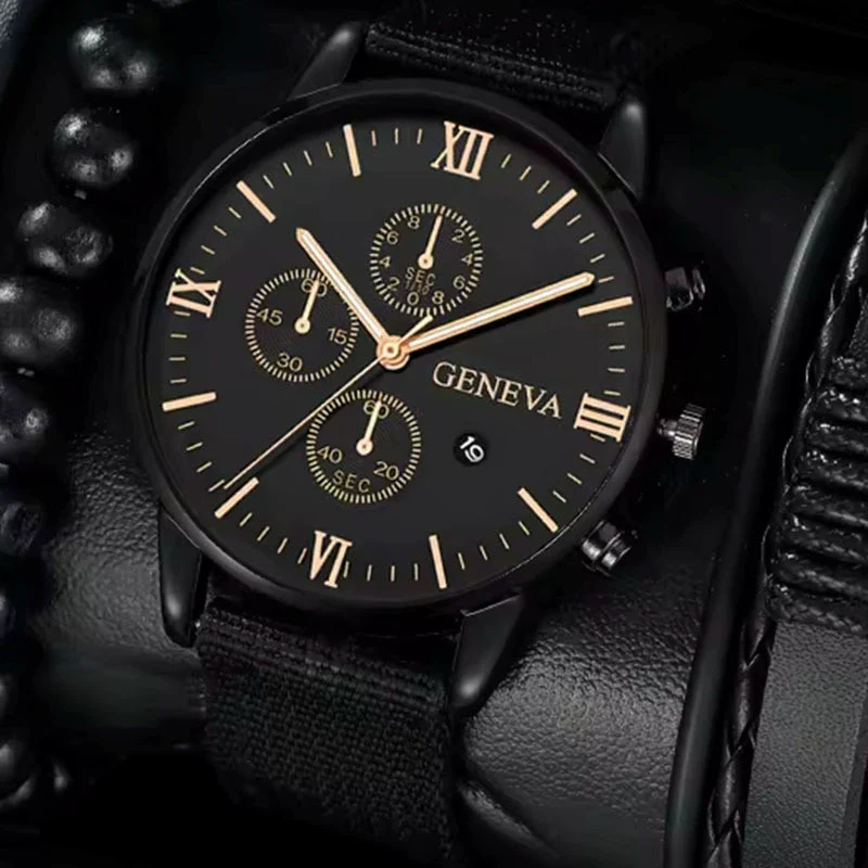Canvas Alloy Watch Bracelet Set Round Dial Men's Quartz Watch - Image 7