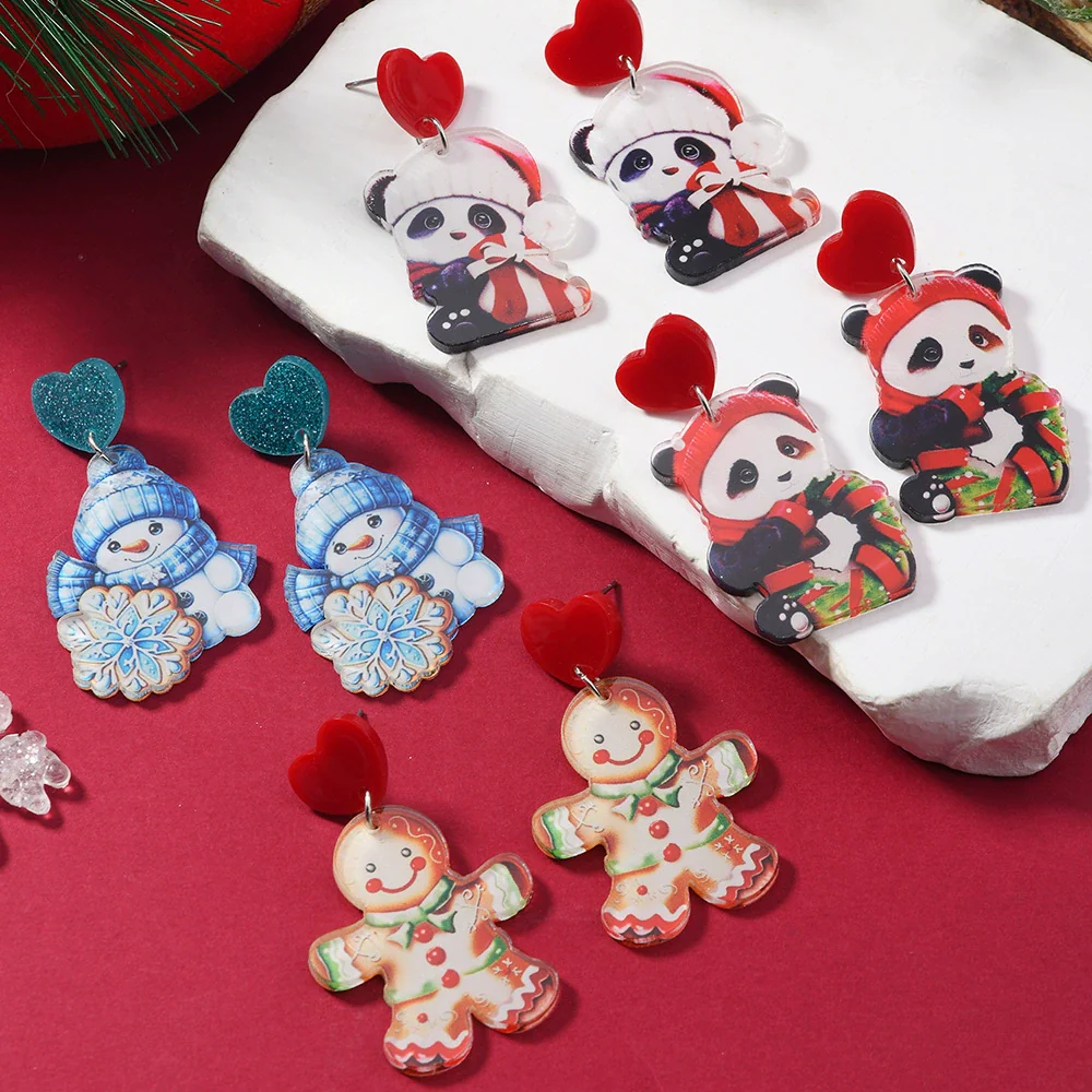 Christmas Printed Acrylic Double Sided Earrings With Snowman Snowflake Elk Gingerbread Man Panda Minimalist Style Unisex