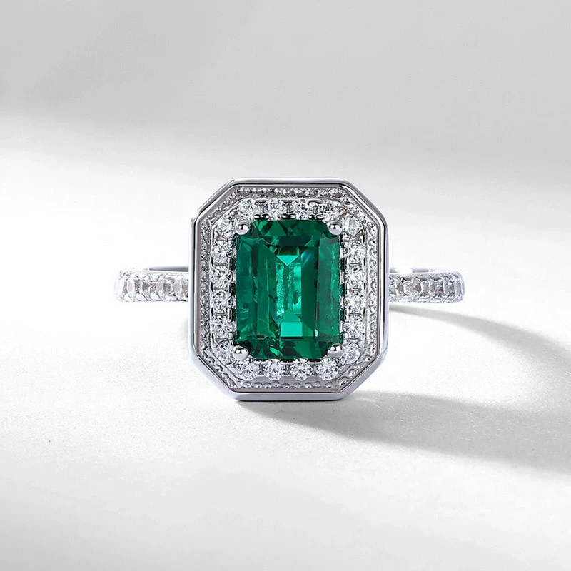 Classic Geometric Cultivated Emerald Women's Vintage Ring 925 Silver - Image 2