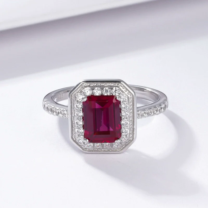Classic Geometric Cultivated Emerald Women's Vintage Ring 925 Silver - Image 3