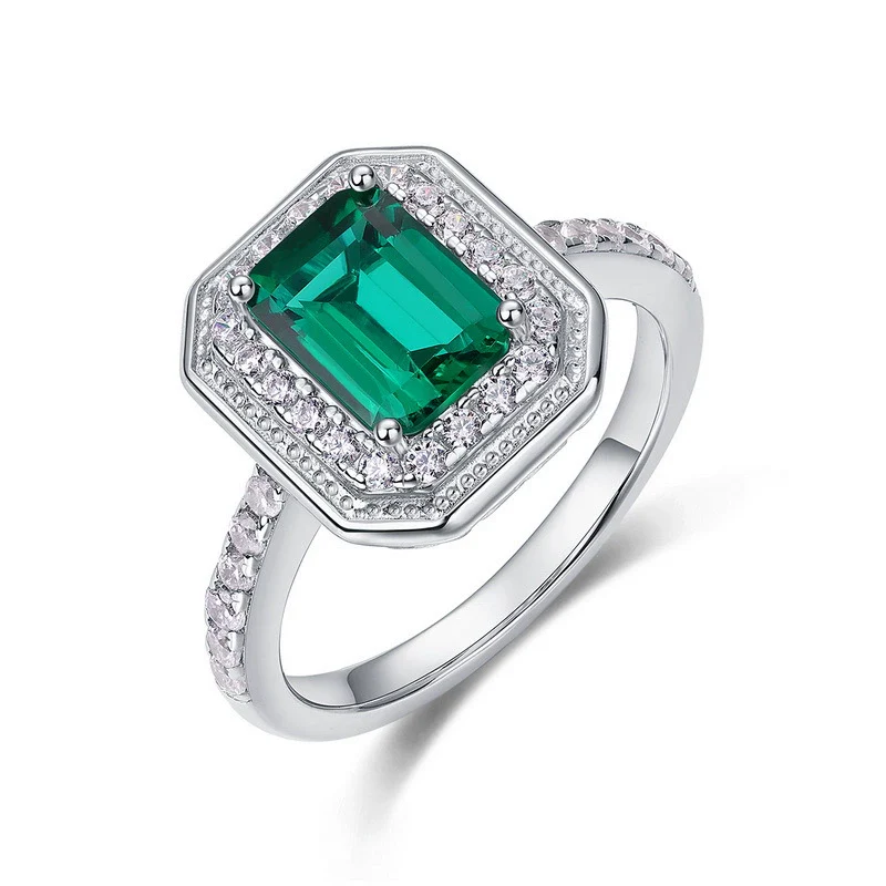 Classic Geometric Cultivated Emerald Women's Vintage Ring 925 Silver - Image 4