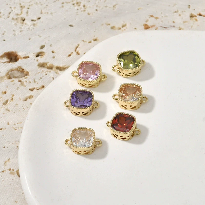 Copper 14K Gold Plated Colored Zirconium Inlaid Square Double Hanging Pendant Jewelry Accessories Material