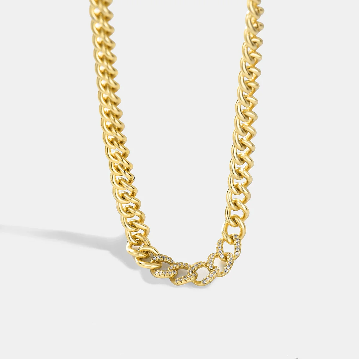Copper 18K Gold Plated Zircon Rough Cuban Chain Necklace For Women With Geometric Styling
