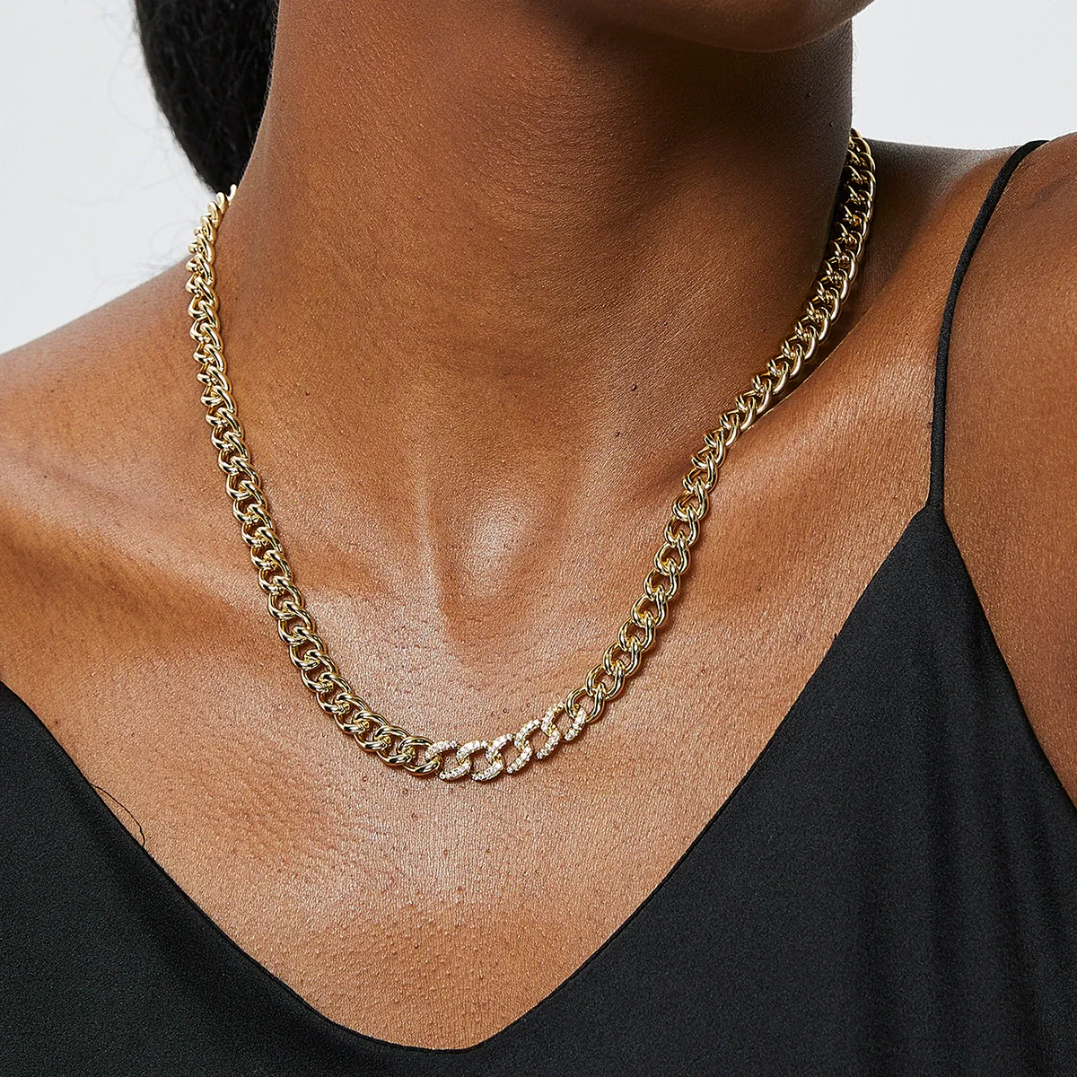 Copper 18K Gold Plated Zircon Rough Cuban Chain Necklace For Women With Geometric Styling - Image 2
