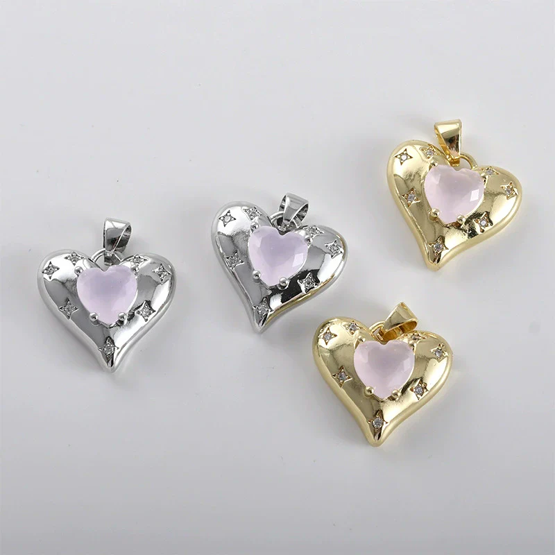 Copper Electroplated Pink Heart Inlaid Zircon Pendant Necklace Earrings Accessories - Image 2