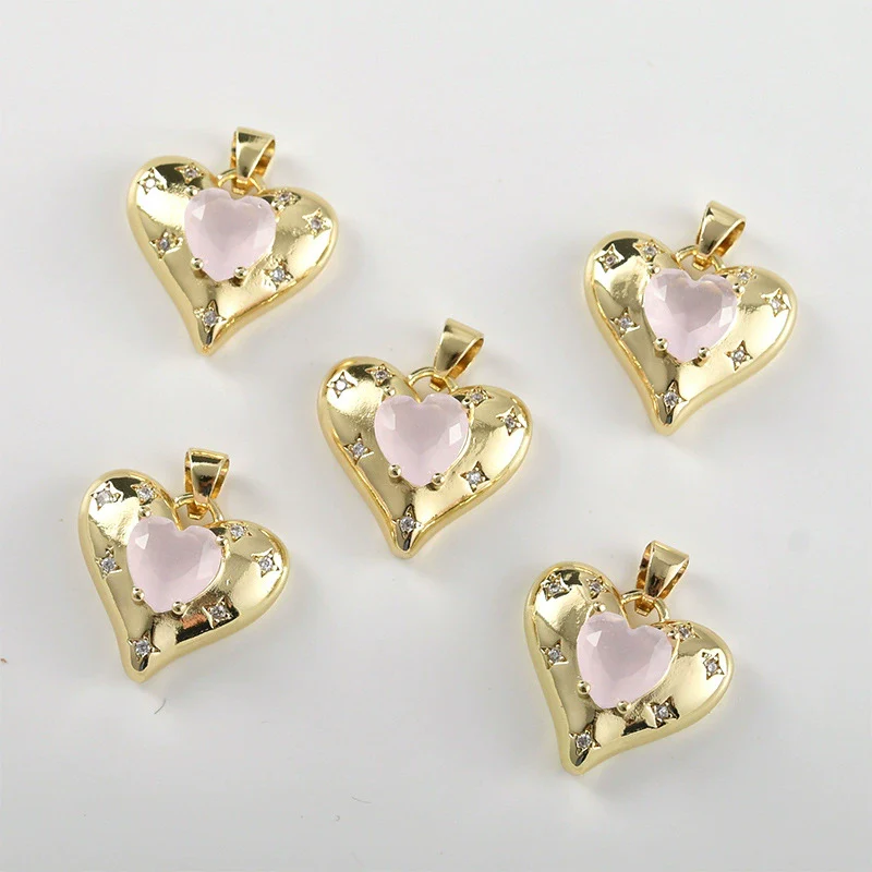 Copper Electroplated Pink Heart Inlaid Zircon Pendant Necklace Earrings Accessories - Image 3