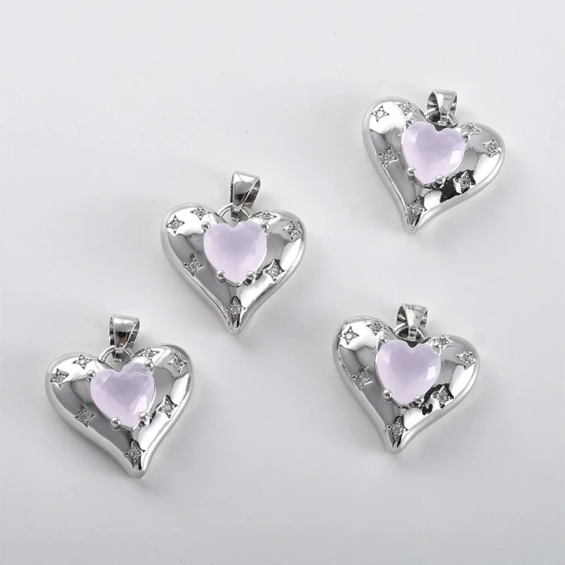 Copper Electroplated Pink Heart Inlaid Zircon Pendant Necklace Earrings Accessories - Image 5