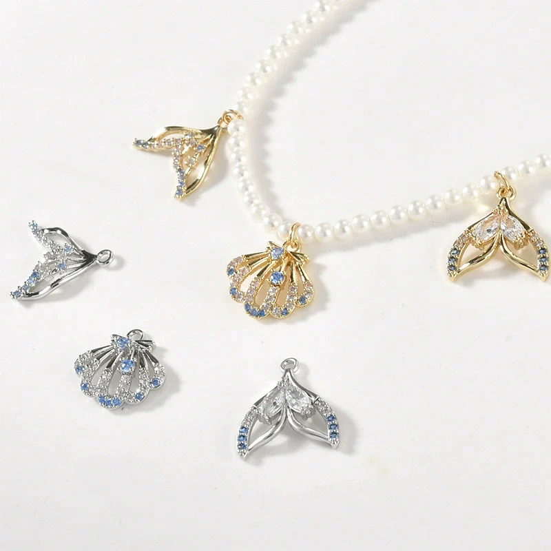 Copper Electroplated Sea Blue Zircon Fishtail Shell Pendant Jewelry Bracelet Necklace Earrings - Image 5