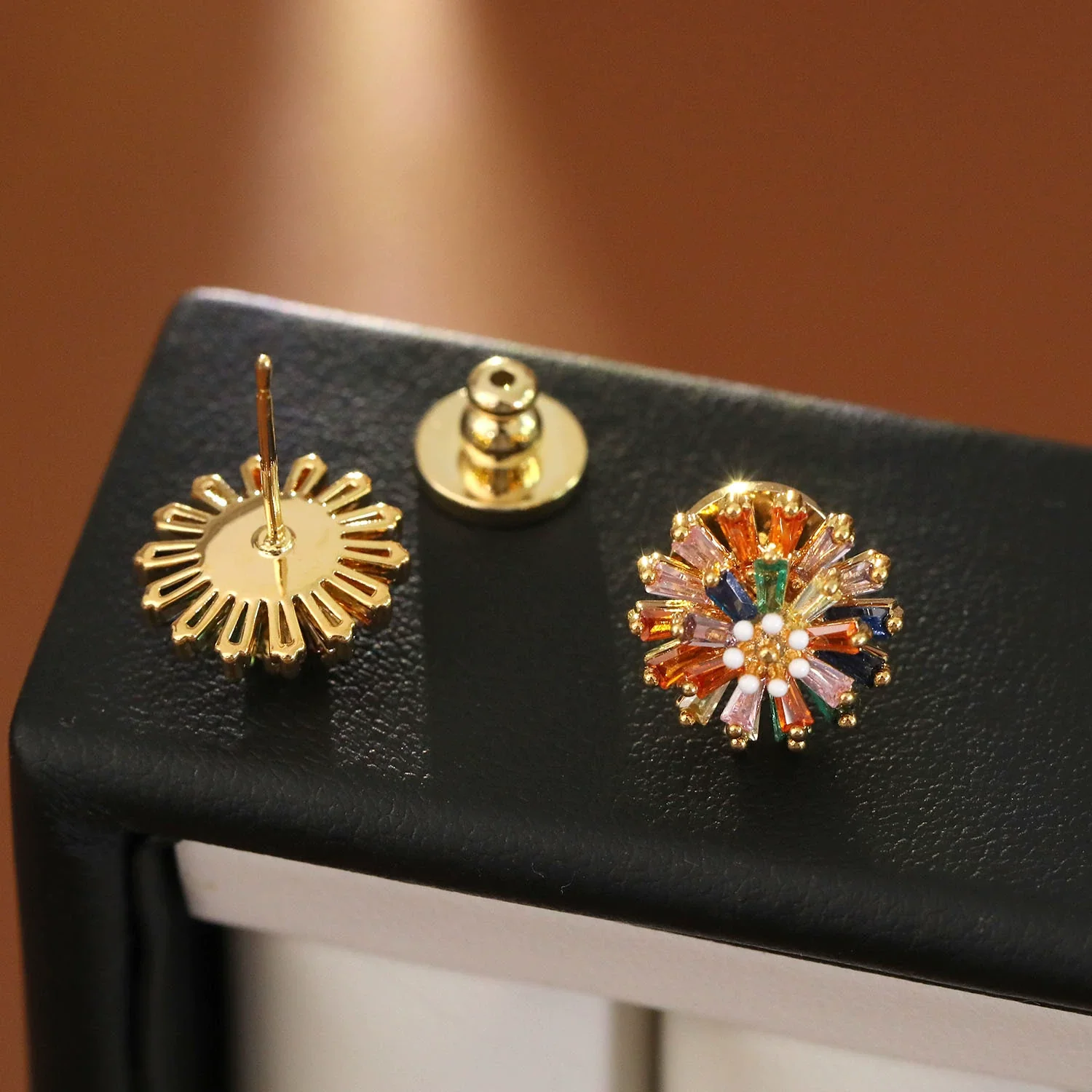 Copper Fashion Geometric And Flower Pattern Stud Earrings 18K Goldplated - Image 4