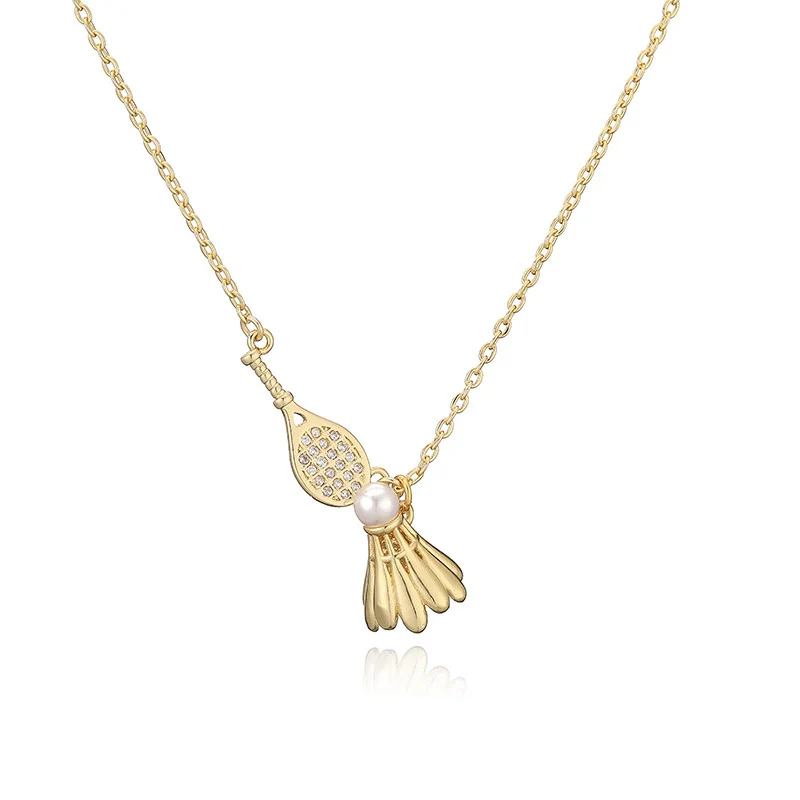 Copper Inlaid Pearl Badminton Table Tennis Racket Style Necklace Set For Women - Image 8