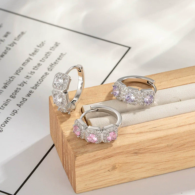 Copper Inlaid Zircon Geometric Square Earrings For Girls Sweet Style - Image 3
