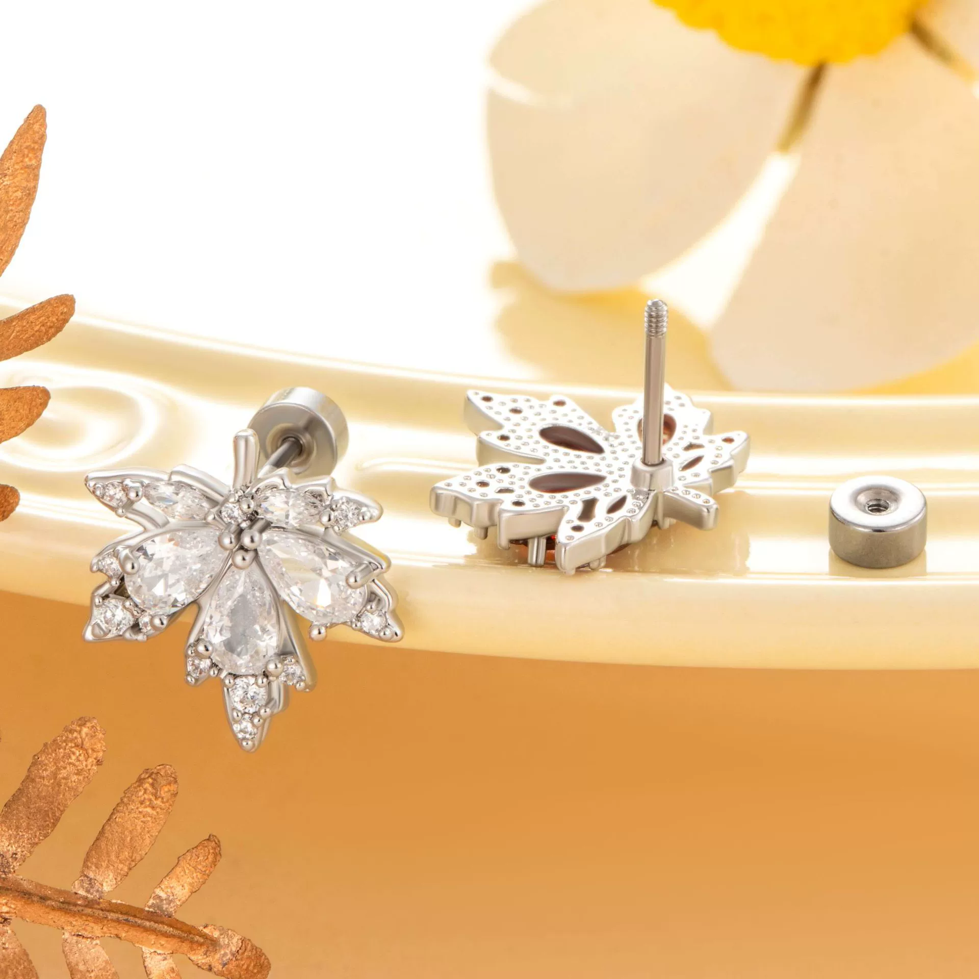 Copper Inlaid Zircon Leaf Geometric Style Titanium Steel Earrings For Boys