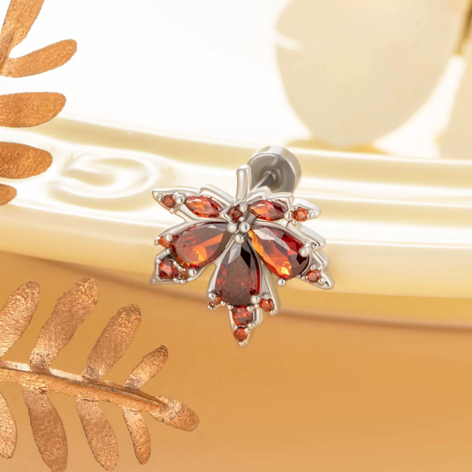 Copper Inlaid Zircon Leaf Geometric Style Titanium Steel Earrings For Boys - Image 6