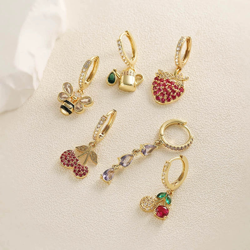 Copper Inlaid Zircon Sweet Fruit Shape Drop Earrings For Women