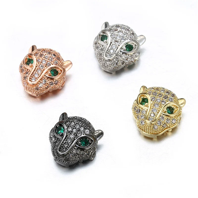Copper Inlaid Zirconium Loose Beads Accessories Jewelry Pendant With Fourcolor Leopard Head Green Eye And Round Hole Electroplated