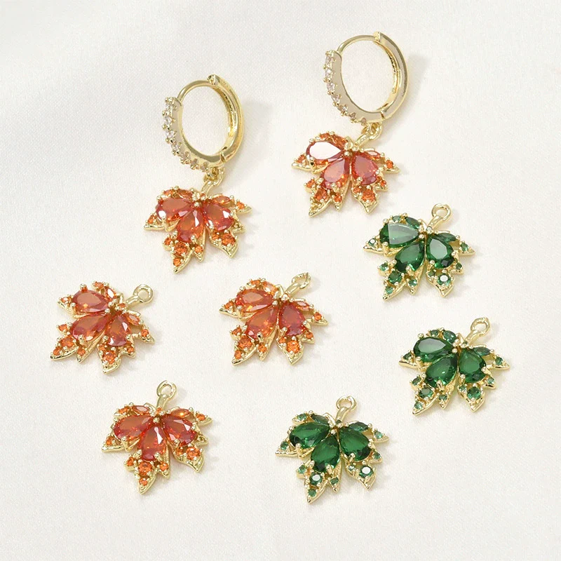 Copper Jewelry With 14K Gold Plated Red Zircon Maple Leaf Pendant Electroplating Treatment Plant Flowers Style