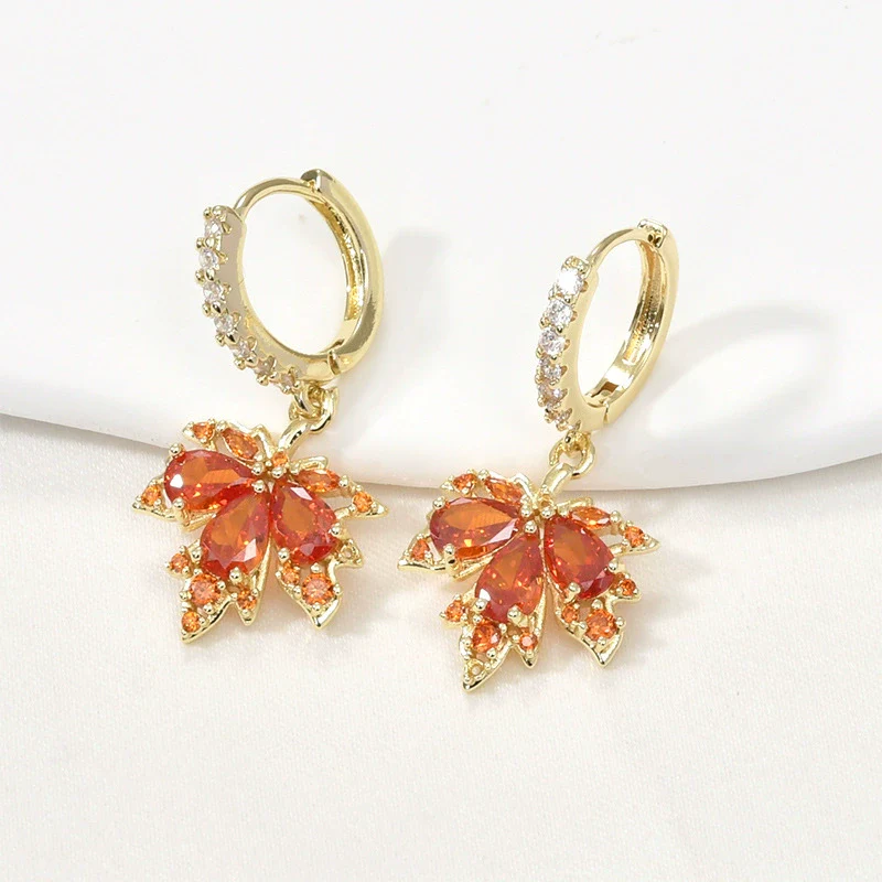 Copper Jewelry With 14K Gold Plated Red Zircon Maple Leaf Pendant Electroplating Treatment Plant Flowers Style - Image 2